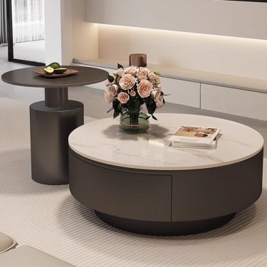 Cream Round Coffee Table, Fluted Base, Stone-Like Top, Low Profile