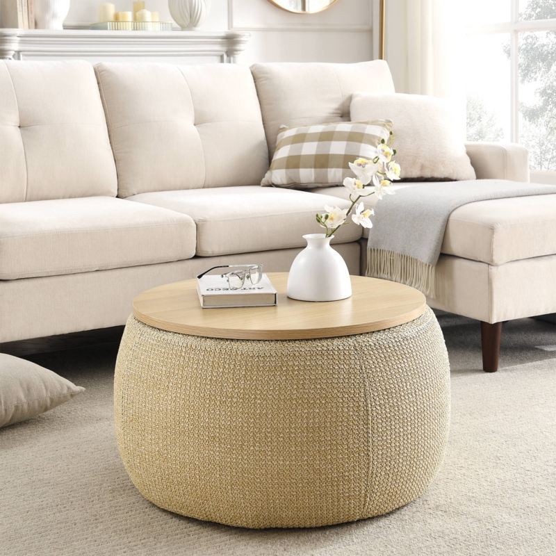 Cream Round Storage Ottoman with Natural Wood Lid