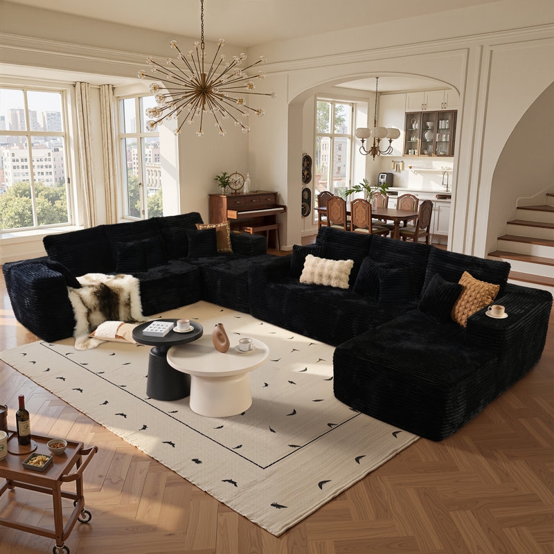 Cream Sectional Sofa, Channeled Upholstery, Low Profile Modular Design.