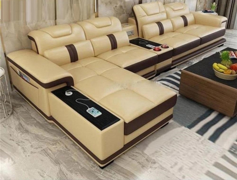 Cream Sectional Sofa Leather Like Speakers Adjustable Headrests