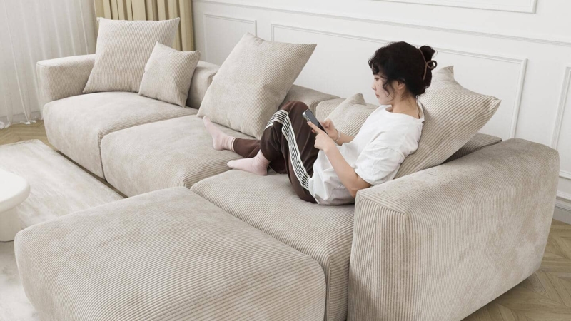 Cream Sectional Sofa, Oversized Silhouette, Right Hand Chaise