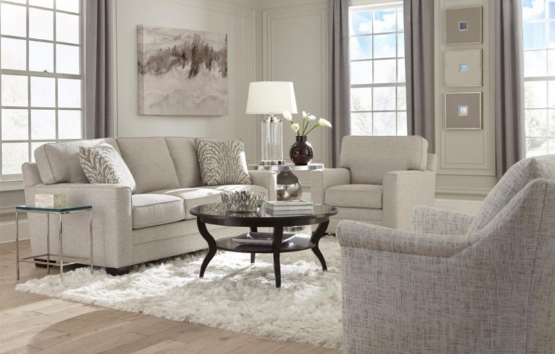 Cream Sectional Sofa with Rolled Arms and Blue Accent Chairs
