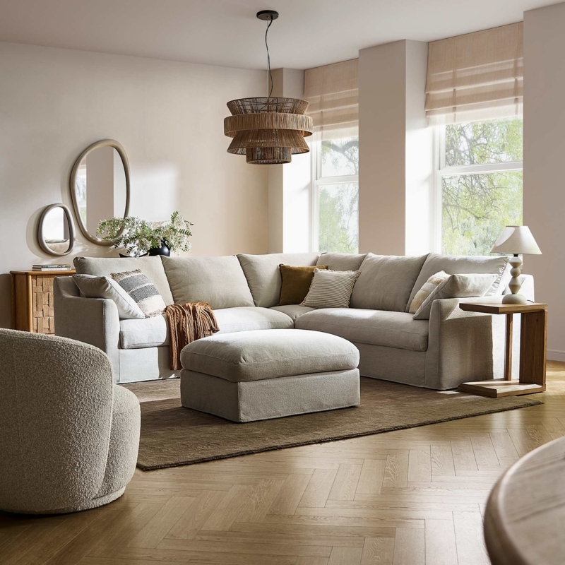 Cream Slipcover Sectional Sofa, L-Shaped with Storage Base