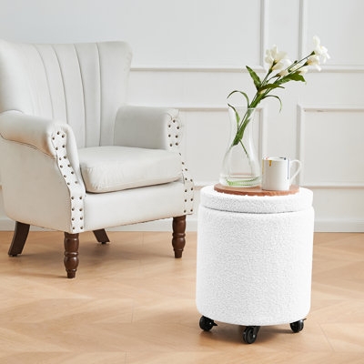 Cream Teddy Fabric Rolling Ottoman with Swivel Casters and Gold Base