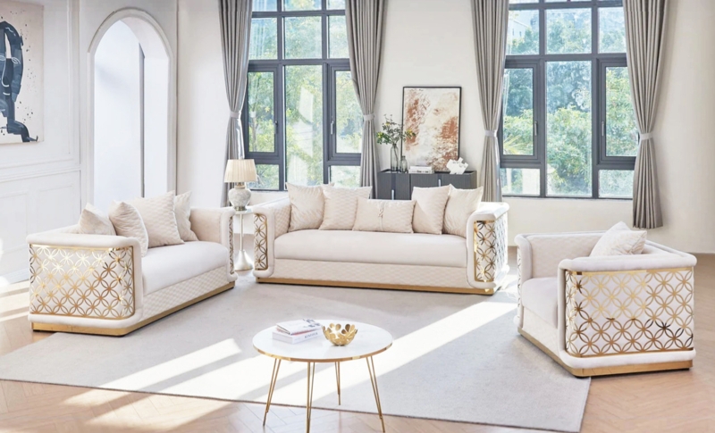 Cream Velvet 3-Piece Set with Channel Tufting and Gold Plinth Base