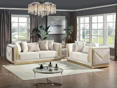 Cream Velvet Living Room Set Channel Tufted Polished Gold Legs Glam
