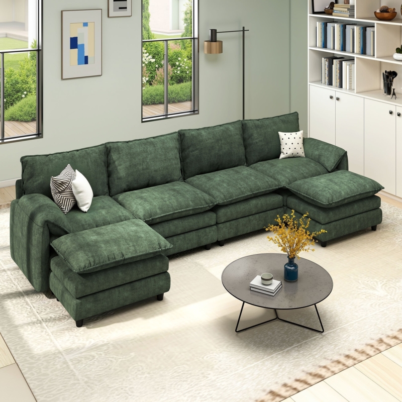 Cream Velvet Sectional Sofa Modular Pillow Armrests with Ottoman