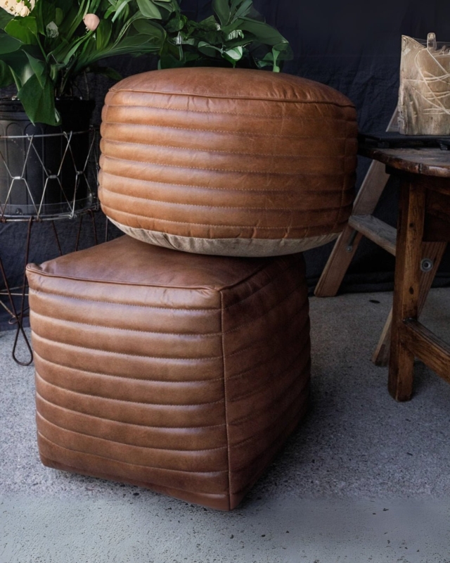 Cross-Stitched Pouf Ottoman Set in Mixed Shapes, Scandinavian Style