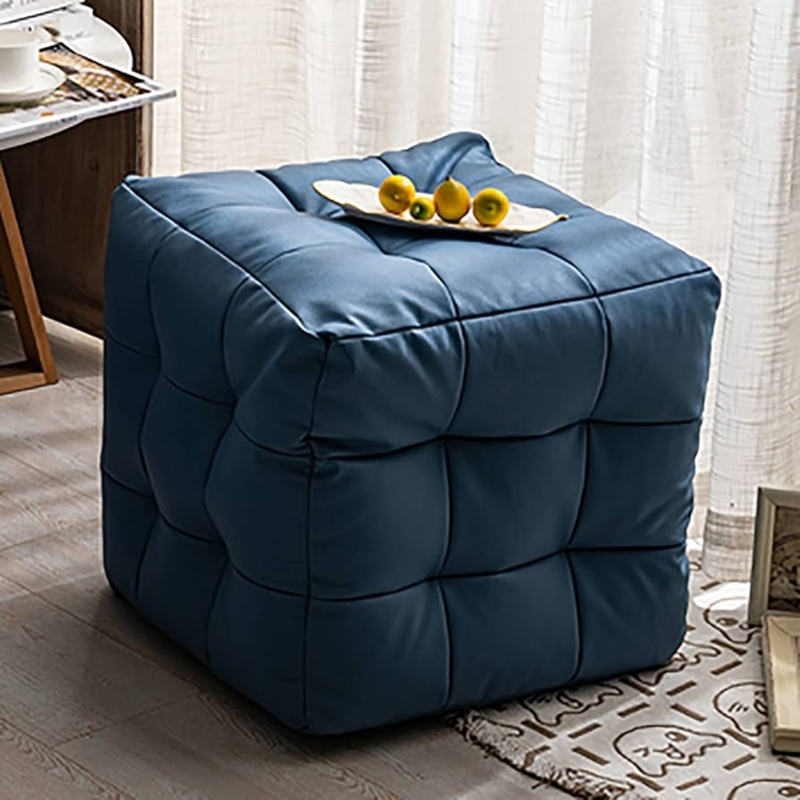 Cube Ottoman Deep Blue Leather Like Structured Footstool