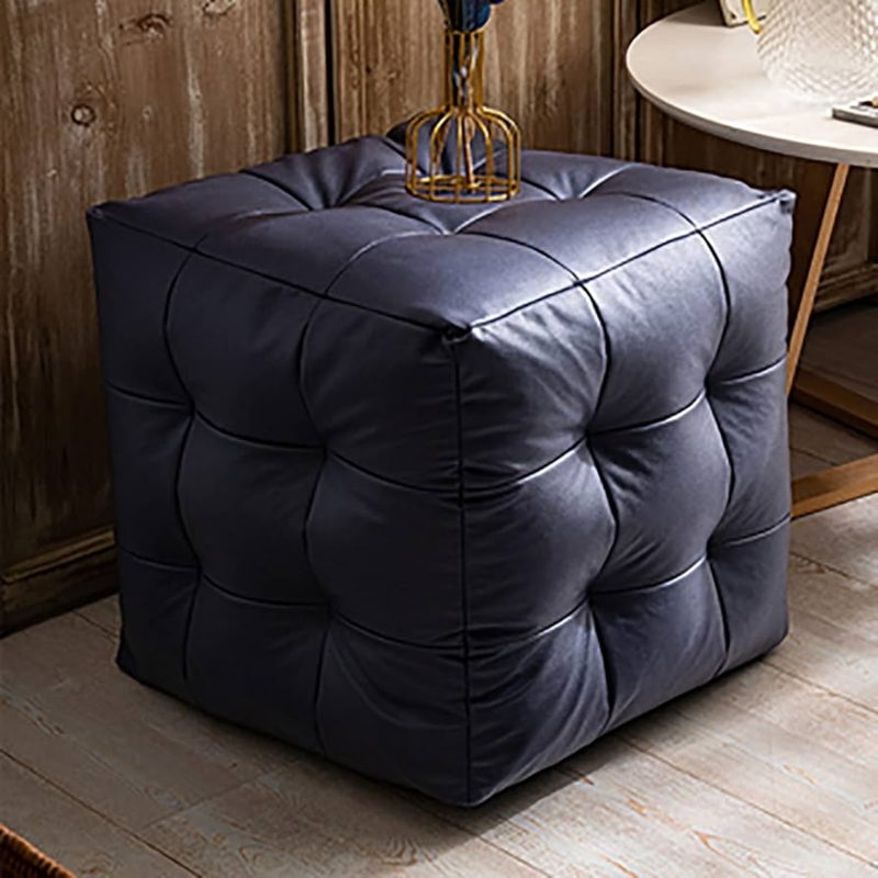 Cube Ottoman Navy Blue Leather Like Compact Square Footstool