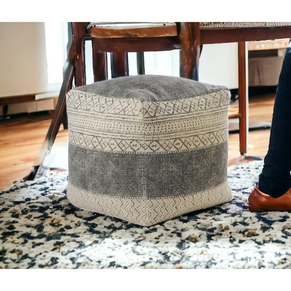 Cube Ottoman Textured Ivory & Gray Woven Cotton Footstool