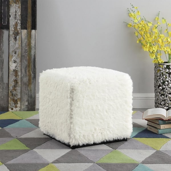 Cube Ottoman White Long Pile Faux Fur Glam Vanity Stool