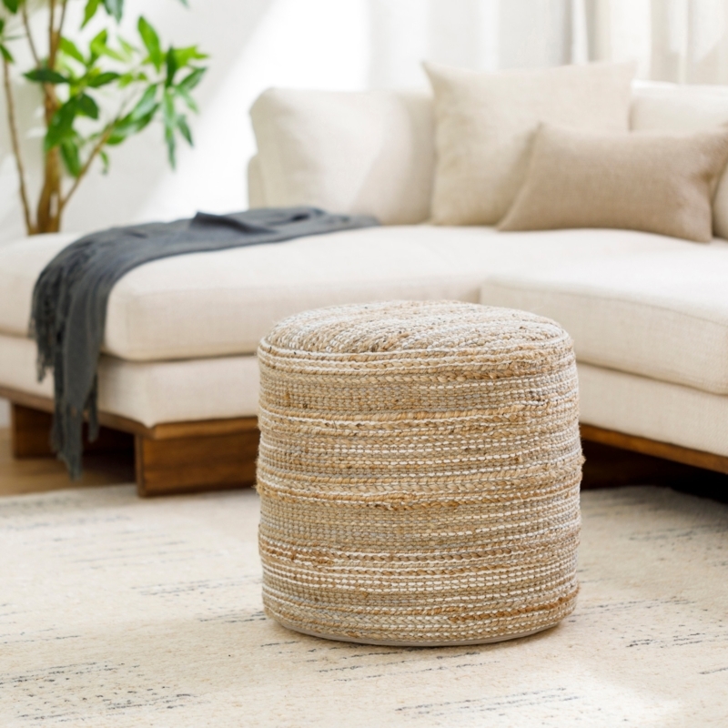 Cube Pouf Beige Chunky Woven Texture Bohemian Floor Seating