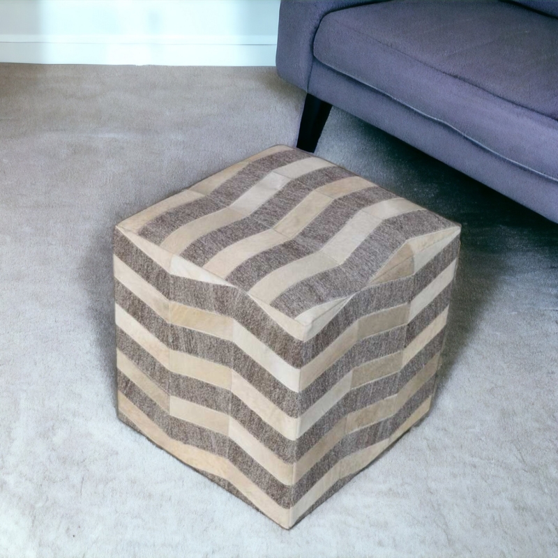 Cube Pouf Gray and Beige Hair On Hide Texture Modern Rustic