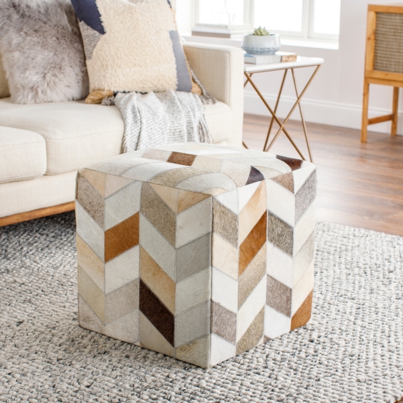 Cube Pouf Ottoman, Rustic Checkered Hair-on-Hide Patchwork