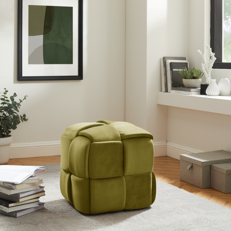 Cube Pouf with Geometric Paneling in Cream Upholstery (59 chars)