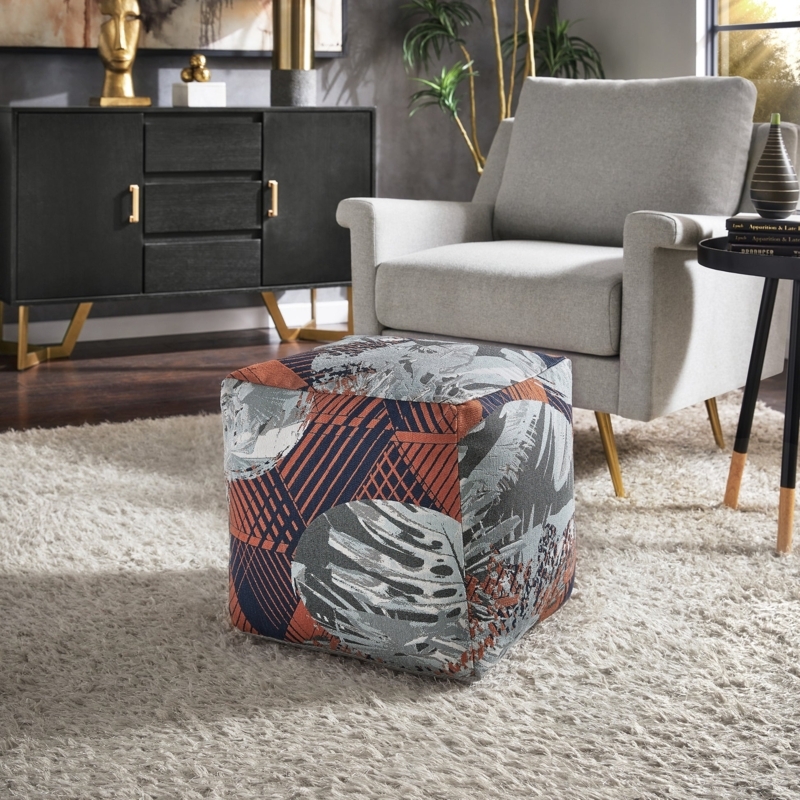 Cubic Pouf Ottoman Multicolored Abstract Painterly Pattern Piping Trim