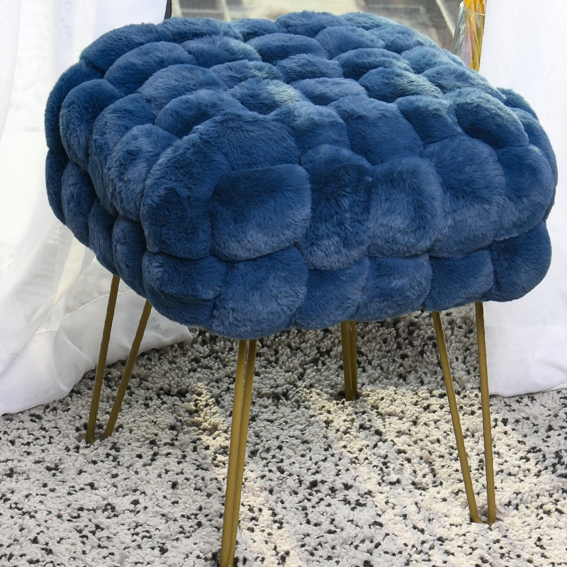 Cubic Pouf Ottoman Shaggy Faux Fur Dark Blue Plush Floor Seating