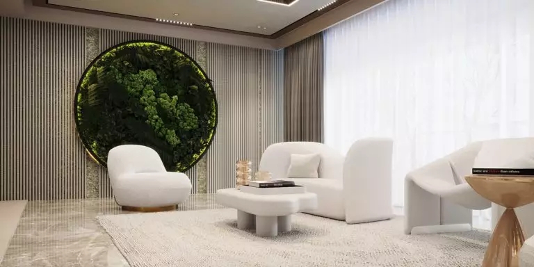 Curved Boucle Sectional Sofa in Biophilic Relaxation Area with View