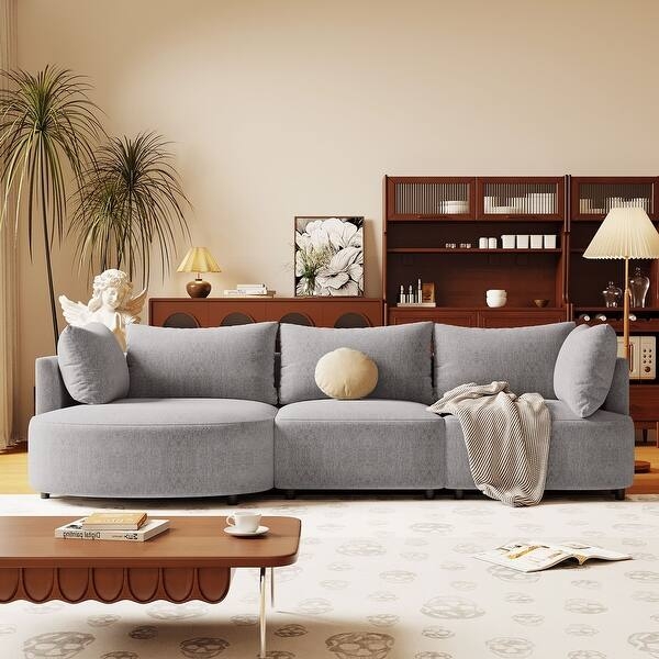 Curved Cream Sectional Sofa Linen-Like Fabric Five Back Cushions