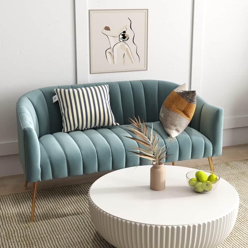 Curved Loveseat in Cream with Channel Tufting and Gold Metal Legs