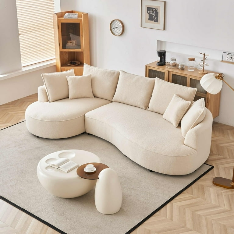 Curved Modular Sectional Sofa in Sherpa Fabric, Organic Modern Style