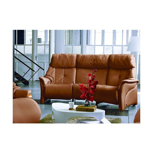 Curved Reclining Sofa in Warm Tan Leather-Like Upholstery