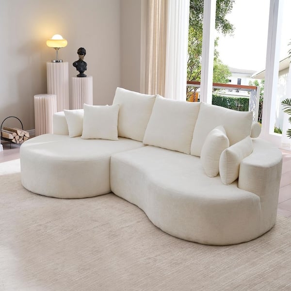 Curved Sectional Sofa 2-Piece White Boucle Low Profile Minimalist