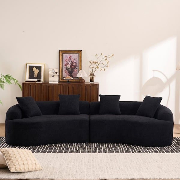 Curved Sectional Sofa Black Chenille Modern Silhouette Minimalist