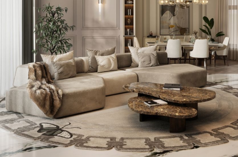 Curved Sectional Sofa Cream Boucle Fabric Contemporary Living Room Design