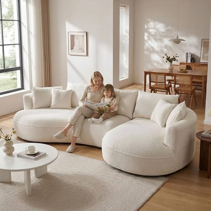 Curved Sectional Sofa Cream Boucle Low Profile Modular Cloud Couch