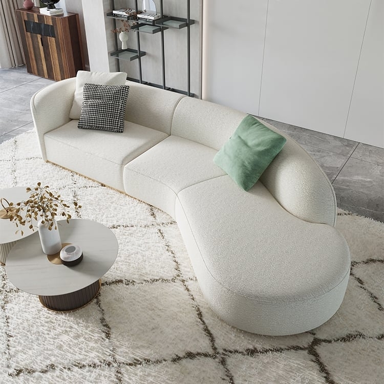 Curved Sectional Sofa Floor Seating White Plush High Pile 5-Seater