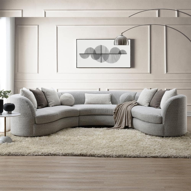 Curved Sectional Sofa Gray Boucle Nailhead Trim Rolled Arms Layout