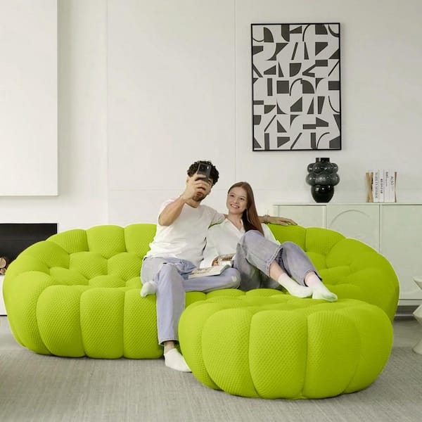 Curved Sectional Sofa, Green Honeycomb Texture with Matching Ottoman