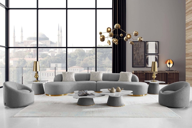 Curved Sectional Sofa Grey Channel Tufted Fabric with Gold Base