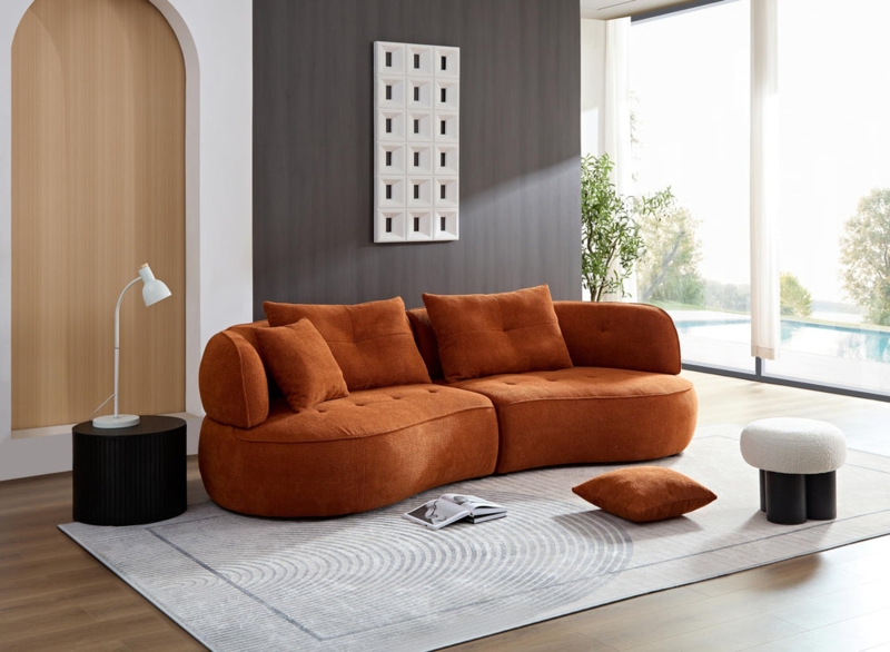 Curved Sectional Sofa in Luxurious Off-White Boucle Texture