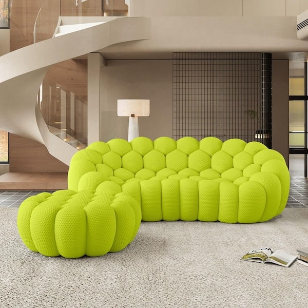 Curved Sectional Sofa in Tender Green Honeycomb Fabric, Ottoman