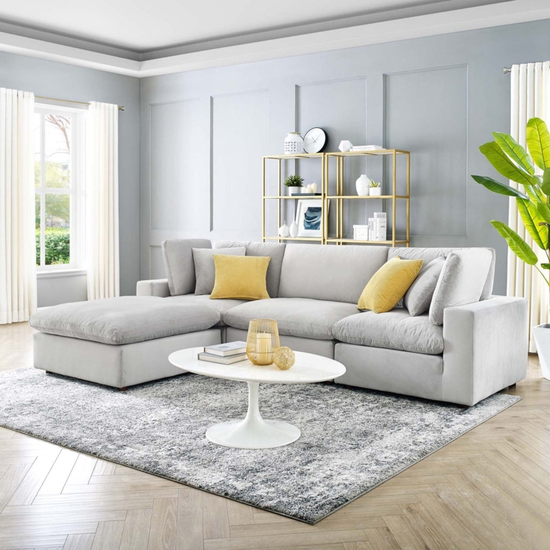 Curved Sectional Sofa in Velvet-Like Fabric with Channel Tufting