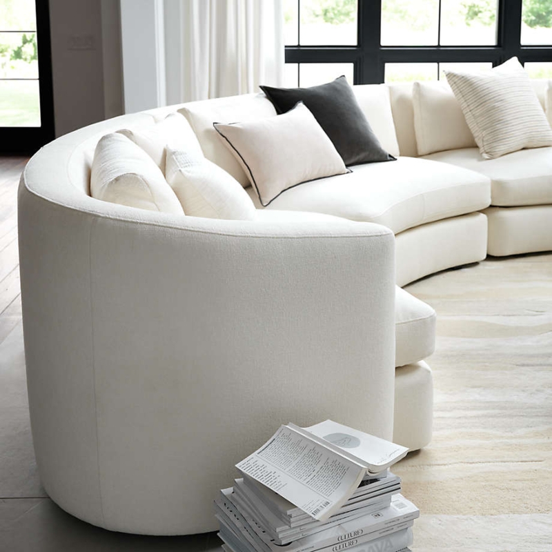 Curved Sectional Sofa Ivory Channel Tufted Wood Legs Woven Texture