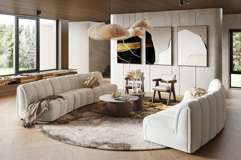 Curved Sectional Sofa Rounded Arms White Boucle Low Profile Seating
