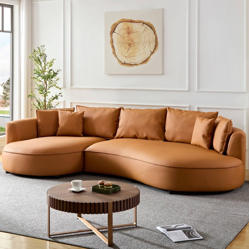 Curved Sectional Sofa Vibrant Orange Leather Like Left Hand Facing