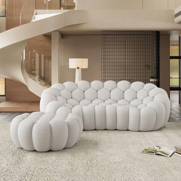 Curved Sectional Sofa with Ottoman, Beige 3D Honeycomb Fabric