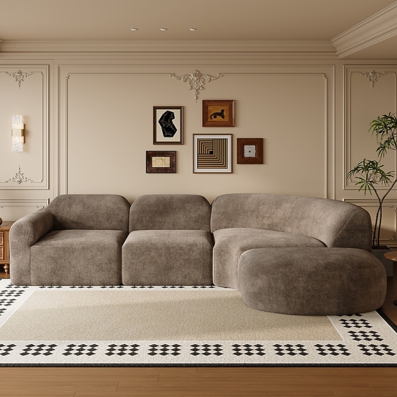 Curved Sectional Sofa with Ottoman, Cream Low Profile Deep Seat