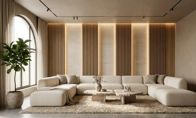 Curved Sectional Sofa with Sculptural Ring Pendant and Panoramic Views