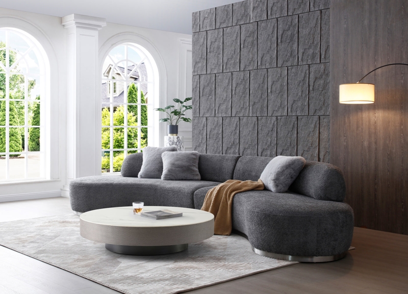 Curved Sofa Charcoal Gray Vertical Channel Tufting