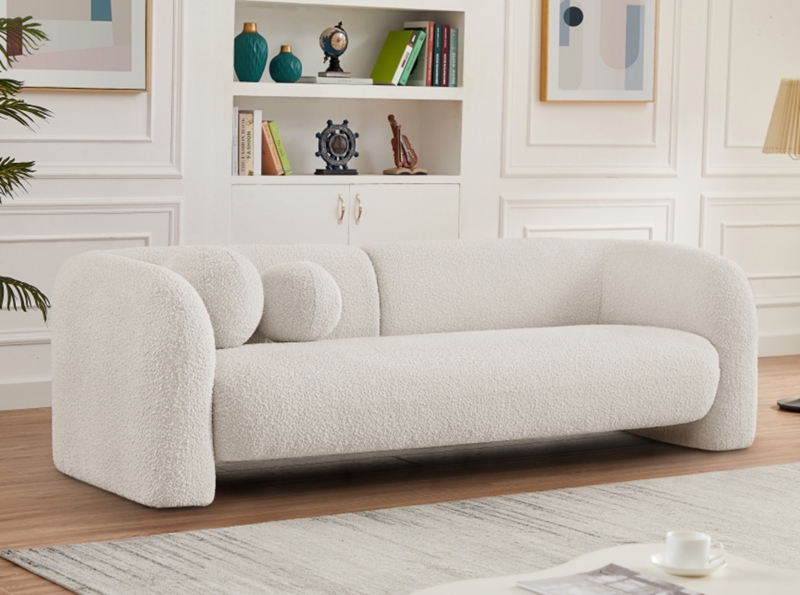 Curved Sofa Cream Boucle Crescent Silhouette Gold Metal Legs
