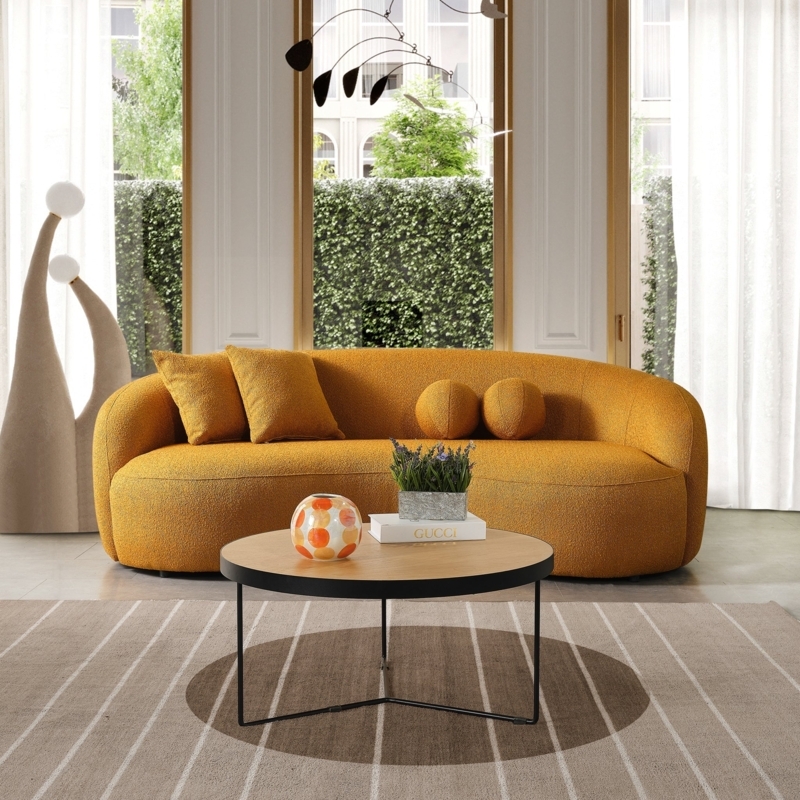 Curved Sofa Gold Boucle Fabric Kidney Shape Contemporary Living Room
