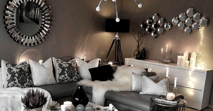 Curved Sofa Living Room Layout Slatted Partition Wall Fireplace