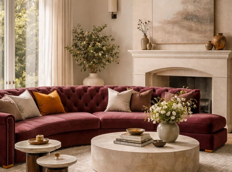 Curved Sofa living room layout with bench seat and nested tables.