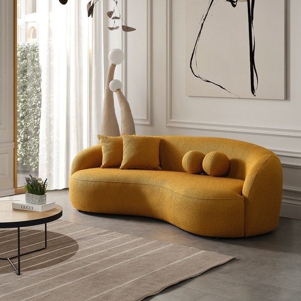 Curved Sofa Off-White Boucle Fabric with Gold Base